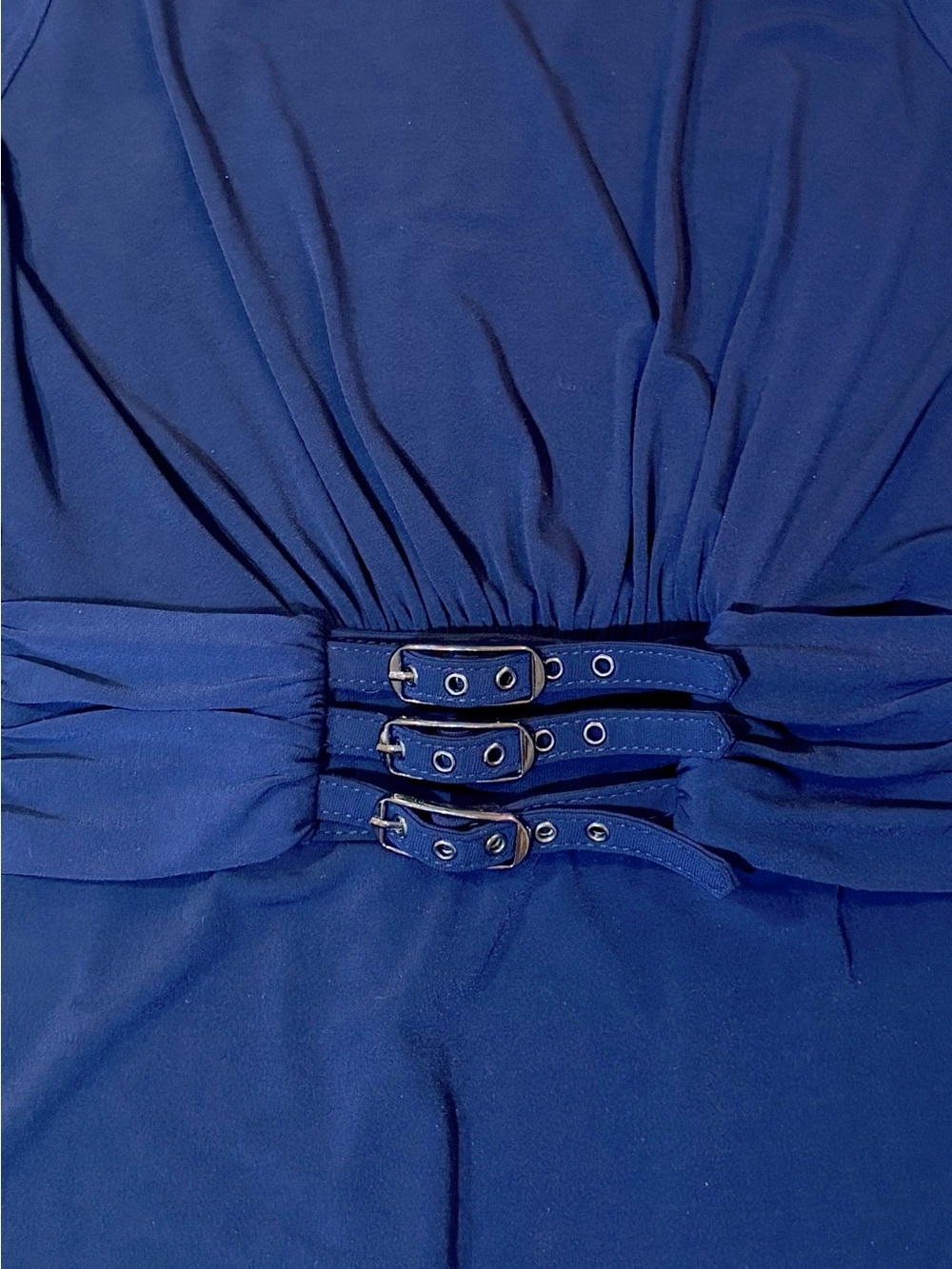 Laundry By Shelli Segal Navy 3/4 Ruched Sleeve Dress Triple belted waist, sz 10 - Picture 3 of 8